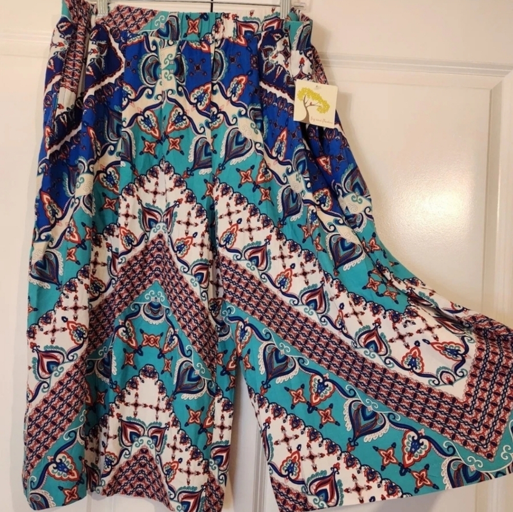Fig & Flower Blue Patterned Boho Cropped Gaucho Pants Size S